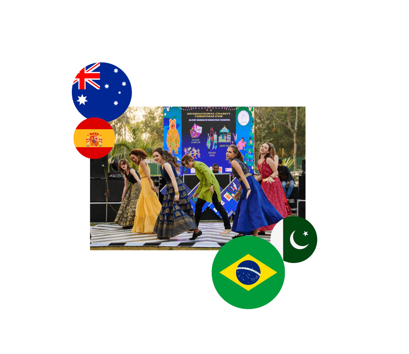 A collage of performers and flags from cultures around the world