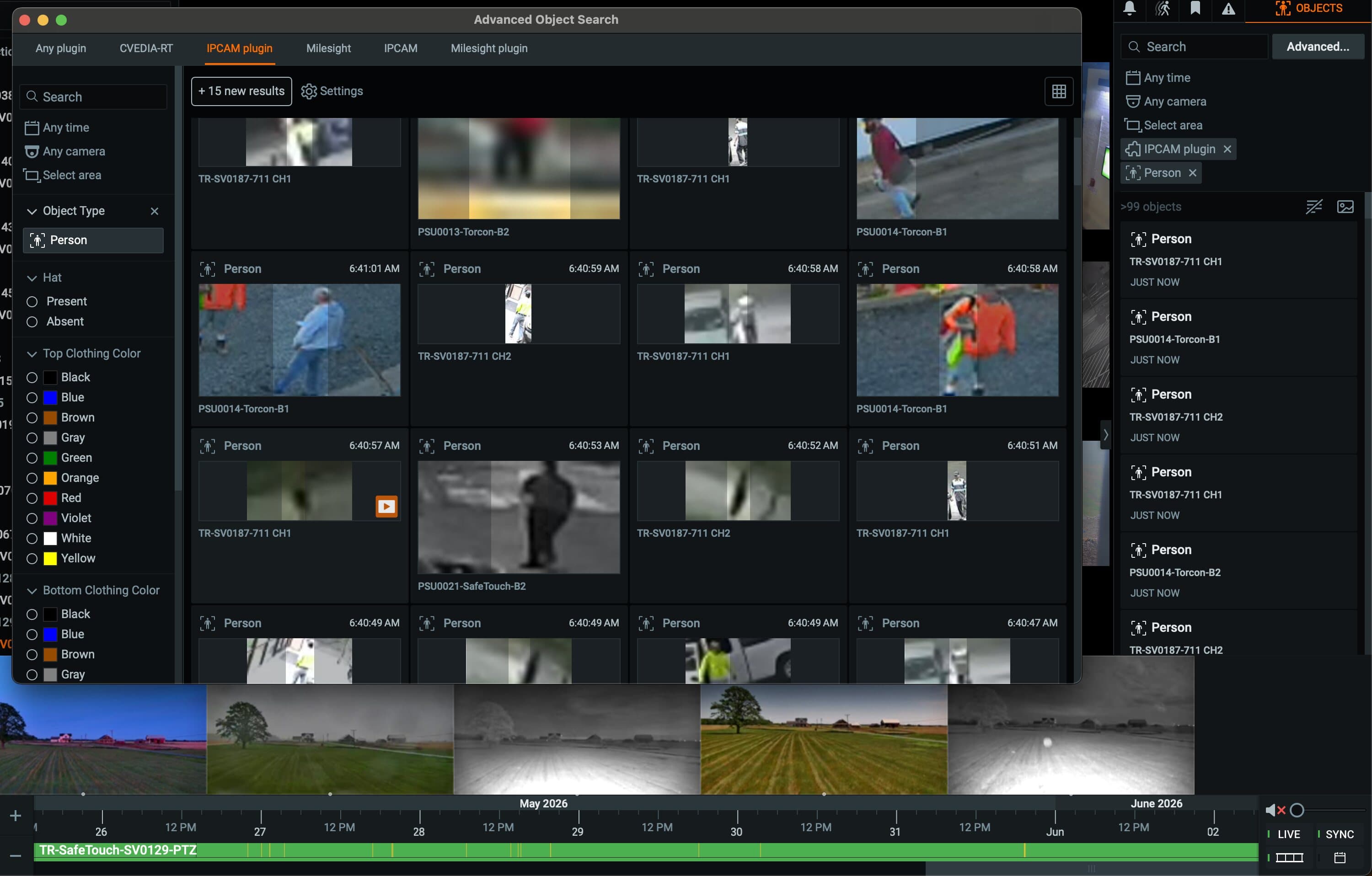 iVision Advanced AI Search returning a grid of detected people filtered by object type and clothing color across multiple cameras