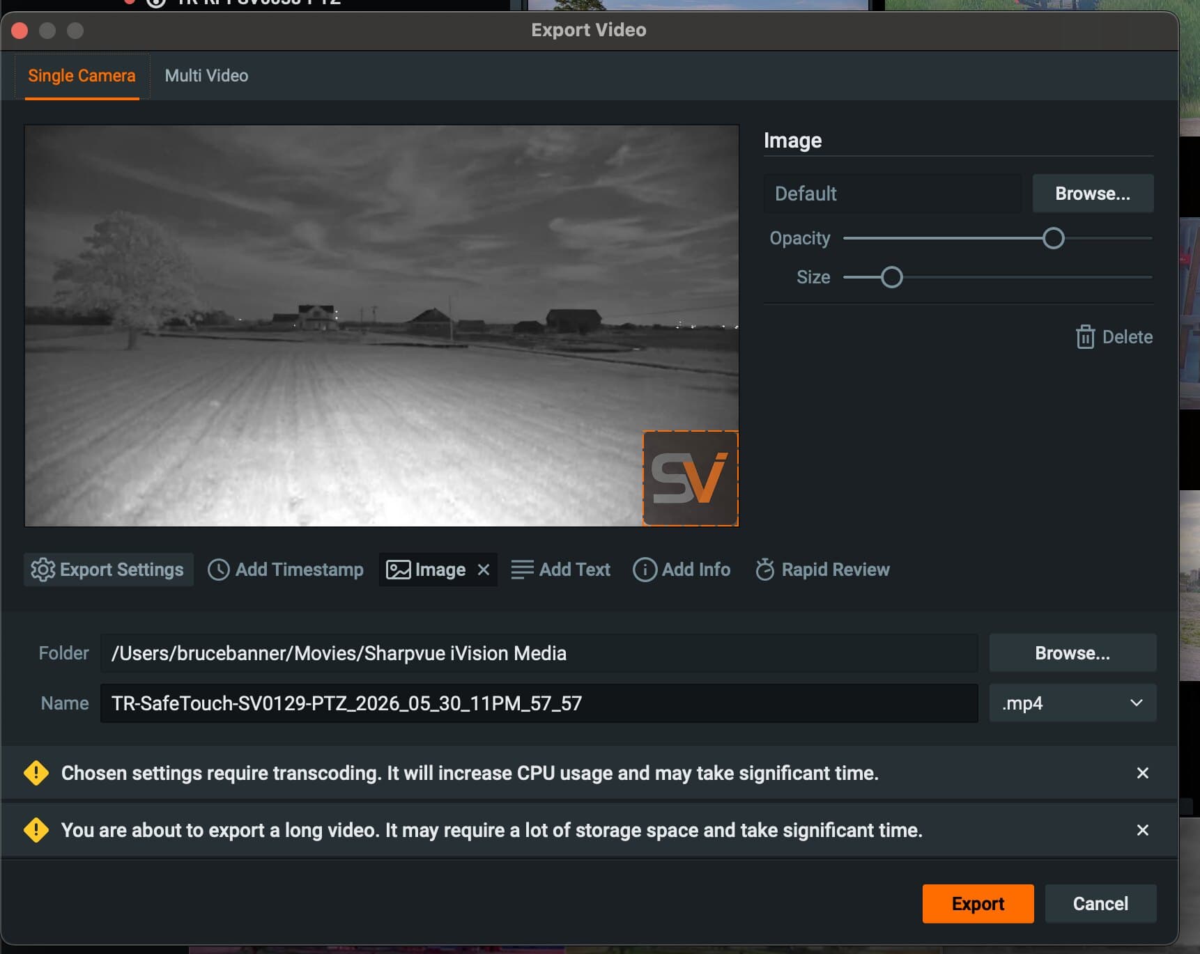 iVision Export Video dialog exporting a single-camera clip to MP4 with a Sharpvue watermark, timestamp, and custom file name