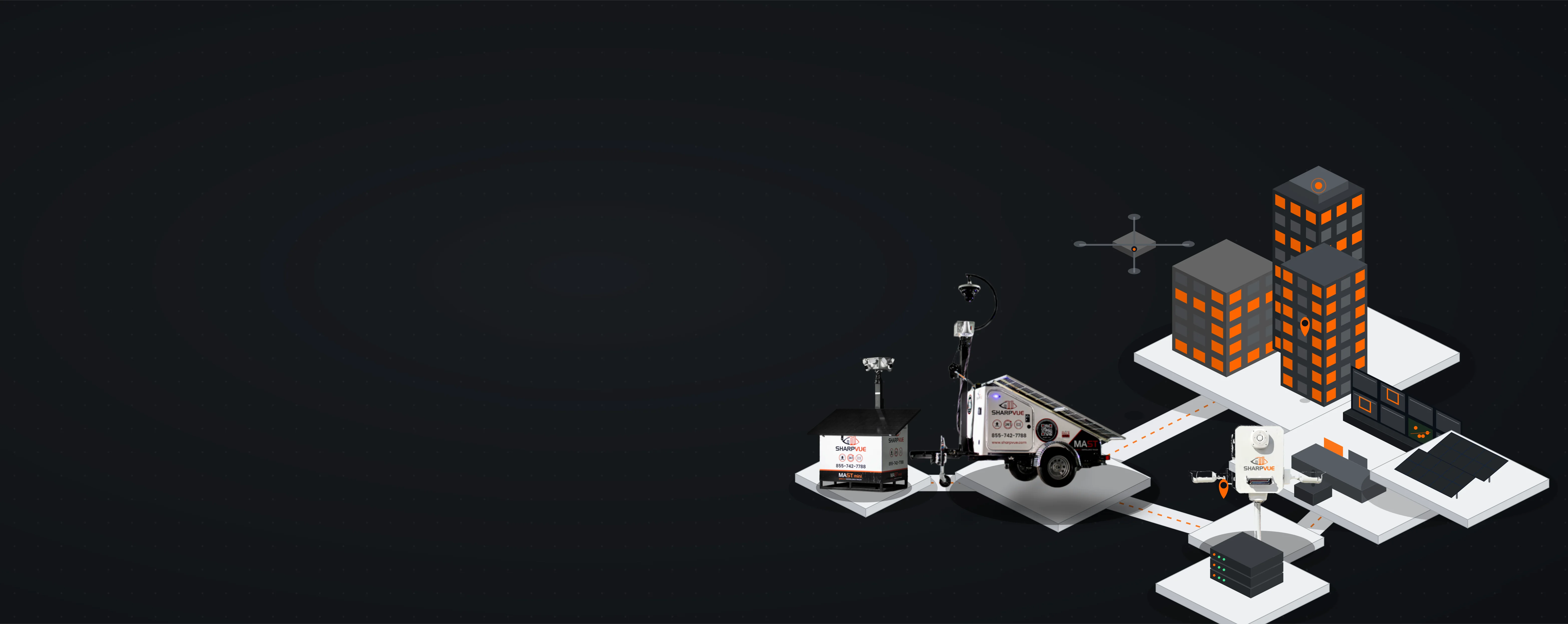 Sharpvue product ecosystem — Mobile AI Surveillance Trailer, Powered Surveillance Unit, MAST Mini, NDAA-compliant cameras, Blast speaker, and a 24/7 monitoring video wall, linked across sites